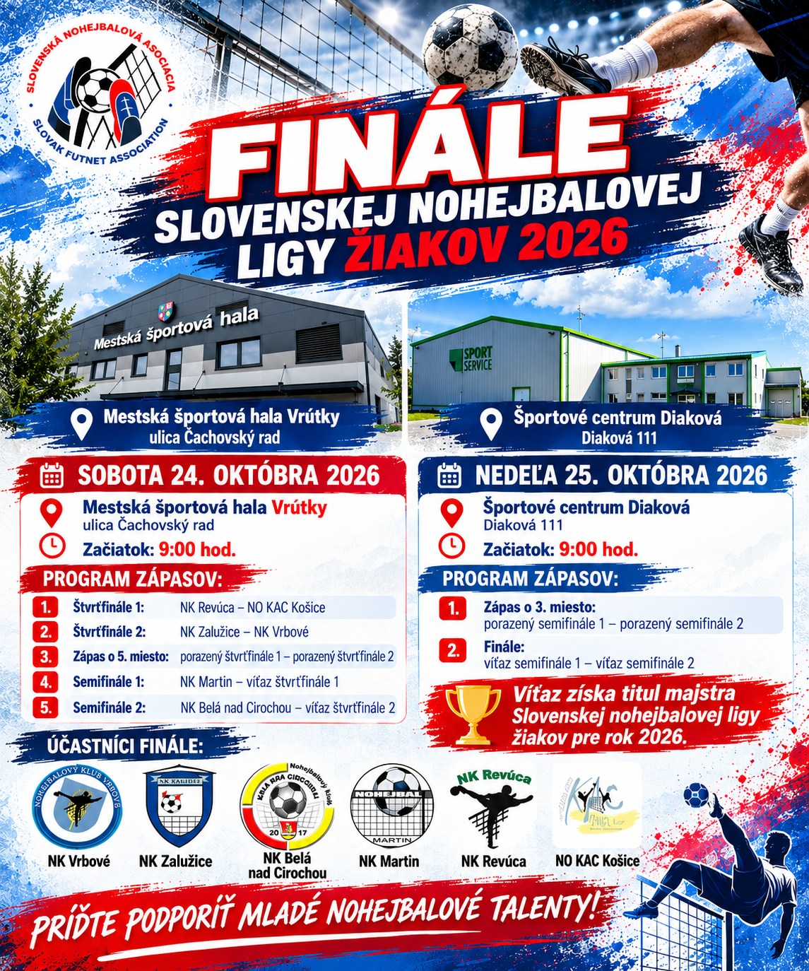 Finále Slovenskej nohejbalovej ligy žiakov 2026: O majstrovský titul sa zabojuje vo Vrútkach a Diakovej!
